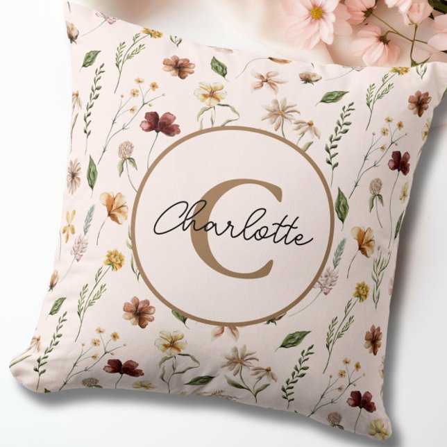 Söt Blommigt Botanisk  Rosa Monogram Kudde (Pretty Floral Botanical Blush Pink Monogram Throw Pillow)