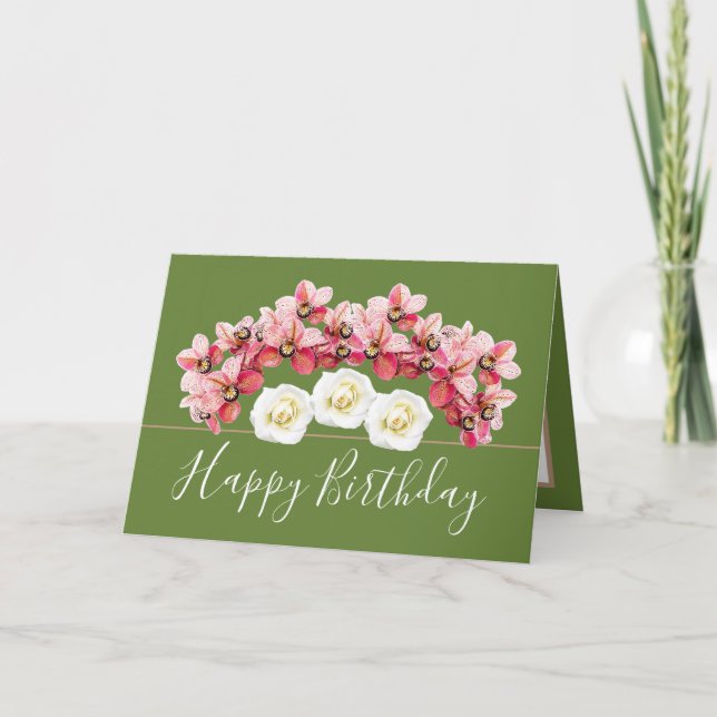 Söt Blommigt Bouquet Orchid/Ro Flowers Birthday Kort (Framsida)