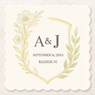 Söt Blommigt Bröllop Vapensköld Monogram Laurel Ut Underlägg Papper