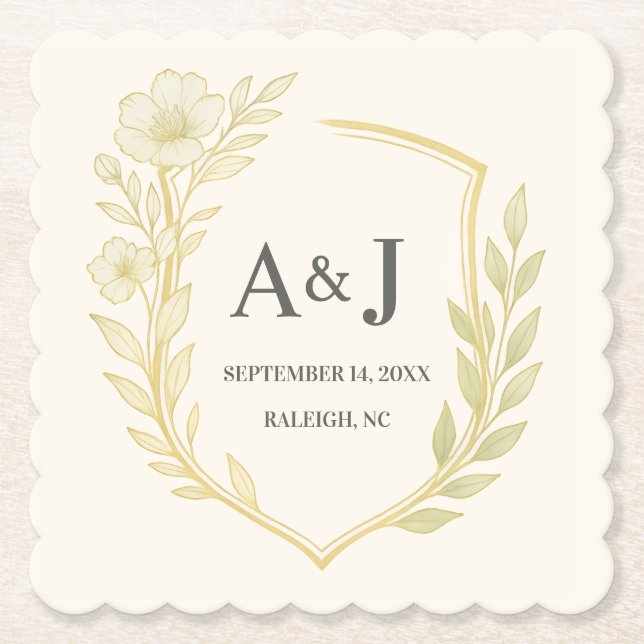 Söt Blommigt Bröllop Vapensköld Monogram Laurel Ut Underlägg Papper (Framsida)