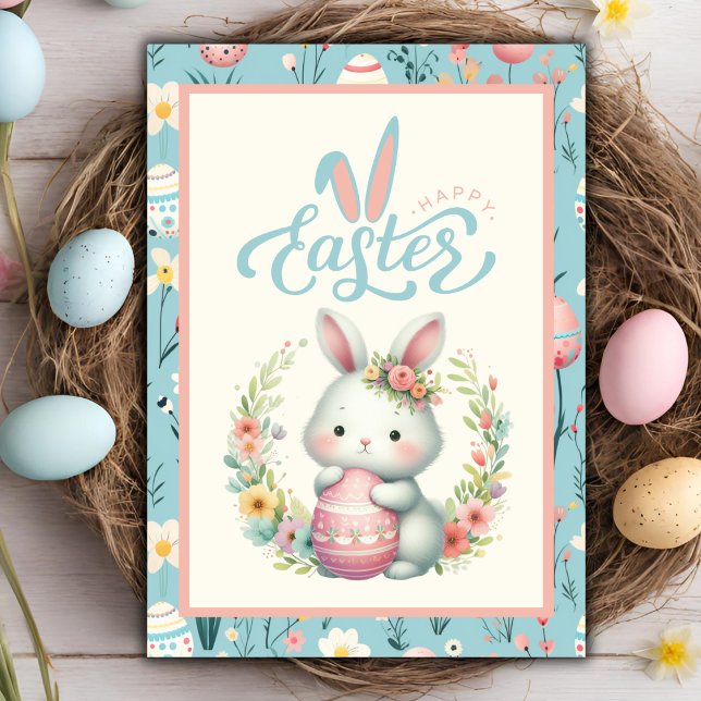 Söt Blommigt Bunny med Anpassningsbarna Egg Glad p Helgkort (Sweet Floral Bunny With Egg Happy Easter Custom Holiday Card)