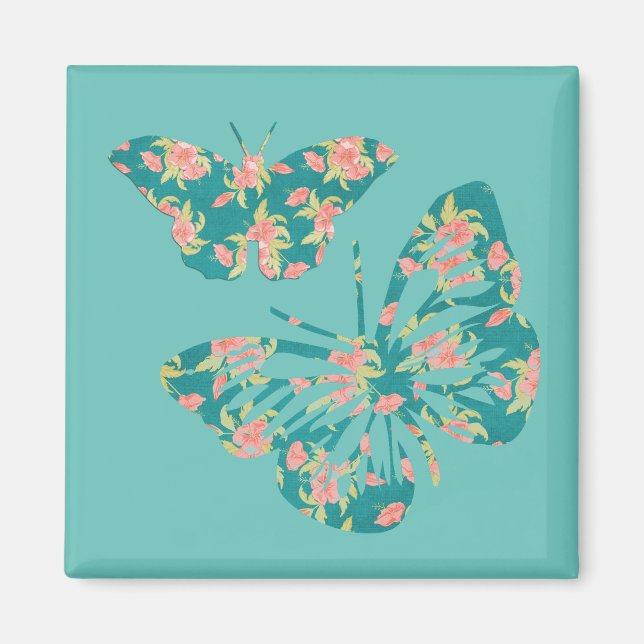 Söt Blommigt Butterflies Teal Magnet (Framsidan)