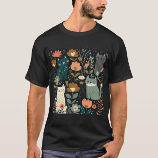 Söt Blommigt Cat Mönster T Shirt