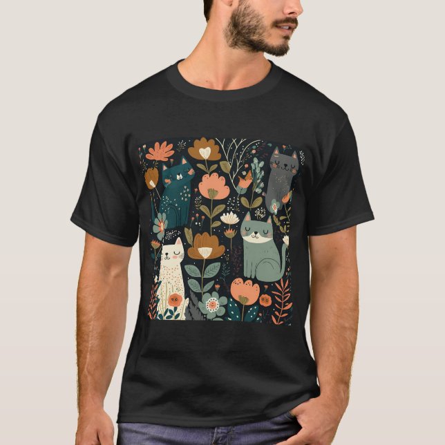 Söt Blommigt Cat Mönster T Shirt (Framsida)