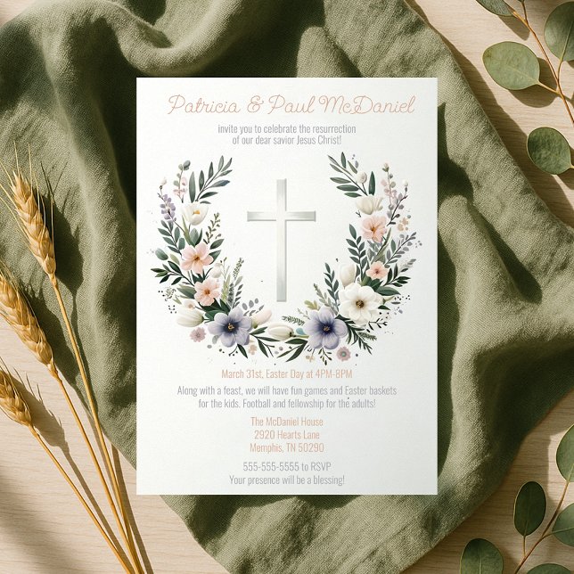 Söt Blommigt Christianity Kor Påsk Party Inbjudningar (Pretty Floral Christianity Cross Easter Party Invitation
)