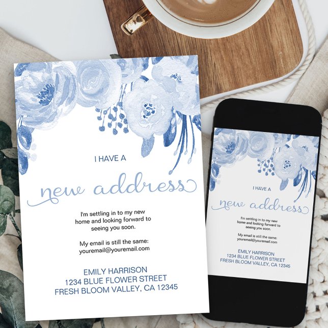 Söt Blommigt Dusty Blue Ny adress Flytta Meddelande (dusty blue flowers new address card available printed or as printable digital download)