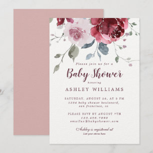 Söt Blommigt Dusty Rosa ros Burgundy Baby Shower Inbjudningar
