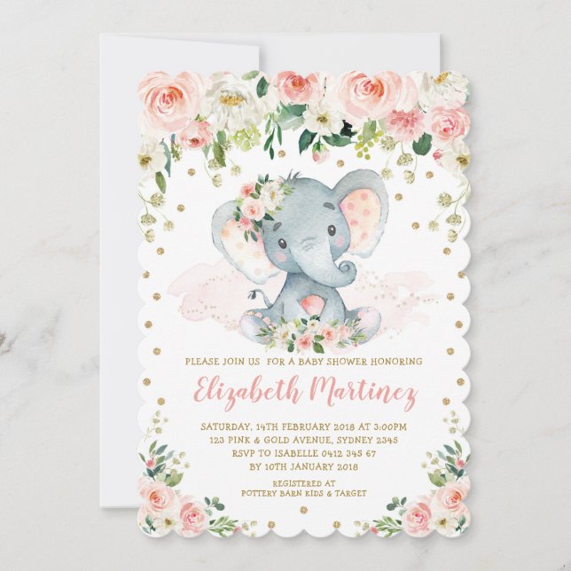 Söt  Blommigt Elephant Girl Baby Shower Inbjudningar (Framsida)