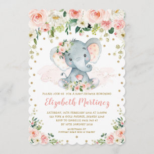 Söt  Blommigt Elephant Girl Baby Shower Inbjudningar