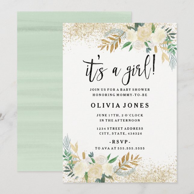 Söt Blommigt en inbjudan till en babyliten flicka (Fram/baksida)