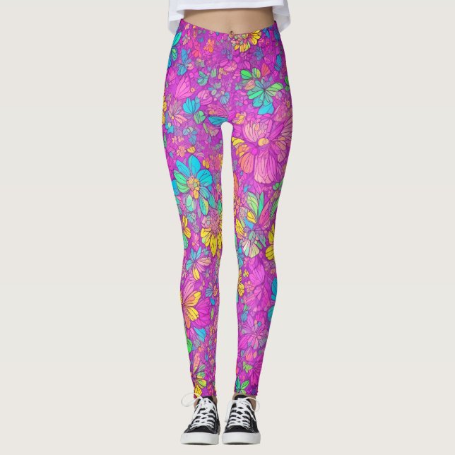 Söt Blommigt Färgfull Rosa Boho Hippie Mönster Leggings (Framsida)