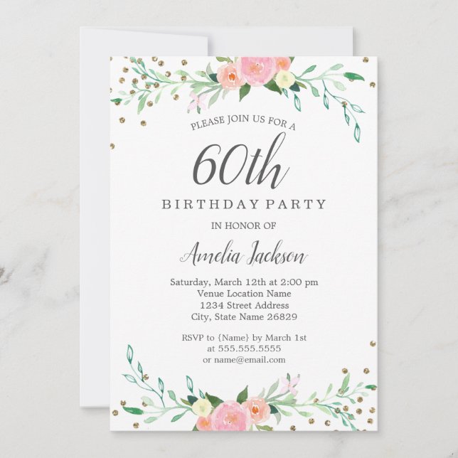 Söt Blommigt Gnistra Konfetti 60:e Födelsedagsfest Inbjudningar (Framsida)