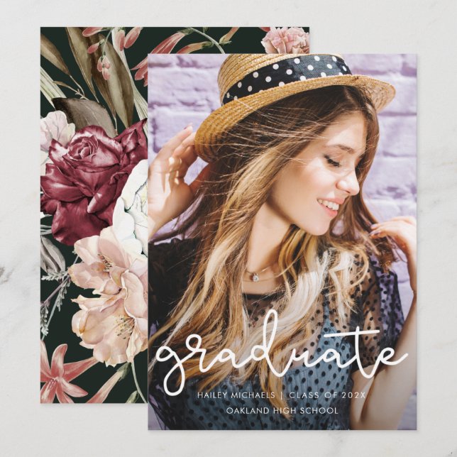 Söt Blommigt Grönt  Fotomeddelande om Studenten Meddelande (Fram/baksida)