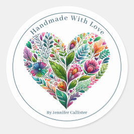 Söt Blommigt Heart "Handmade with Kärlek" Marknads Runt Klistermärke