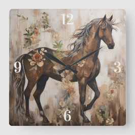 Söt Blommigt Horse Painting Fyrkantig Klocka