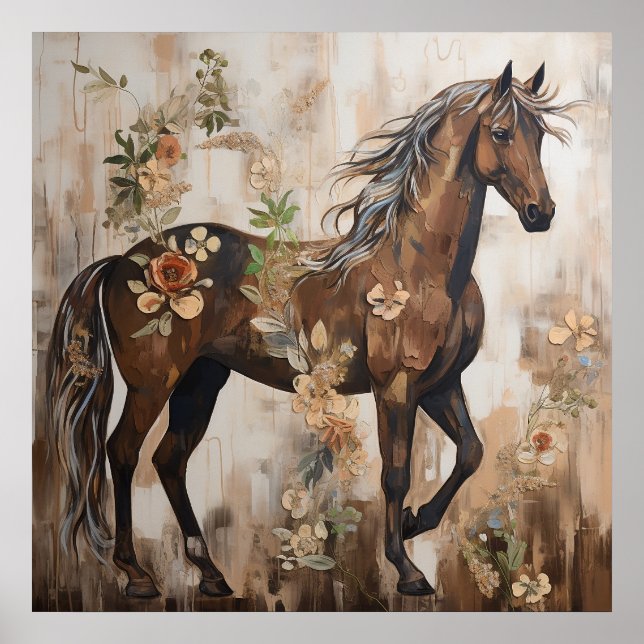 Söt Blommigt Horse Painting Poster (Framsidan)