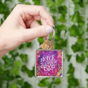 Söt Blommigt Lila Ge Up Inspirief Fyrkantig Silverfärgad Nyckelring