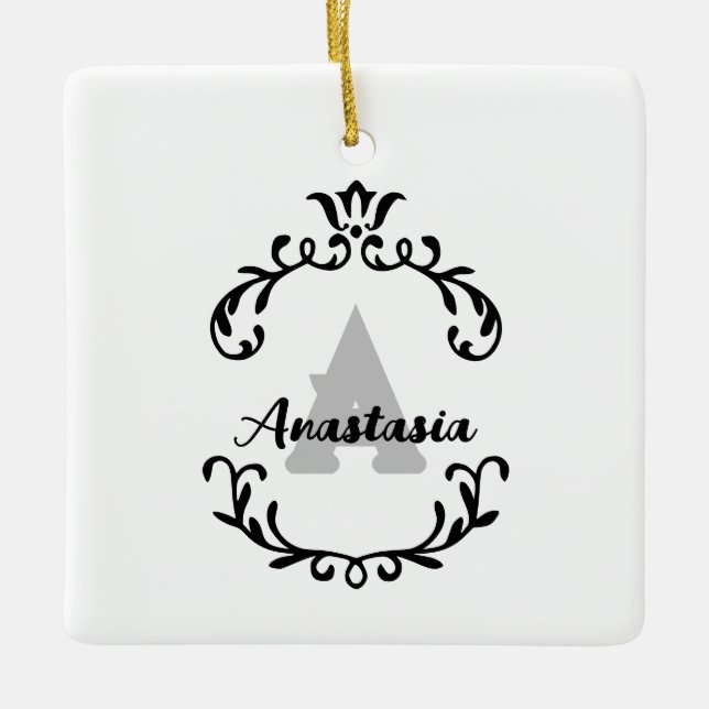 Söt Blommigt Monogram & Namn Julgransprydnad Keramik (Framsida)