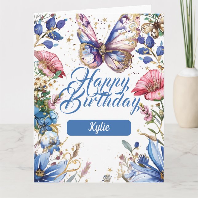 Söt blommigt och fjäril-födelsedagskalender kort (Framsida)
