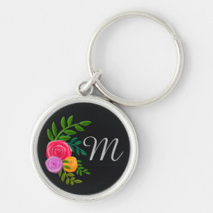 Söt Blommigt på chalkboard Monogrammed Rund Silverfärgad Nyckelring