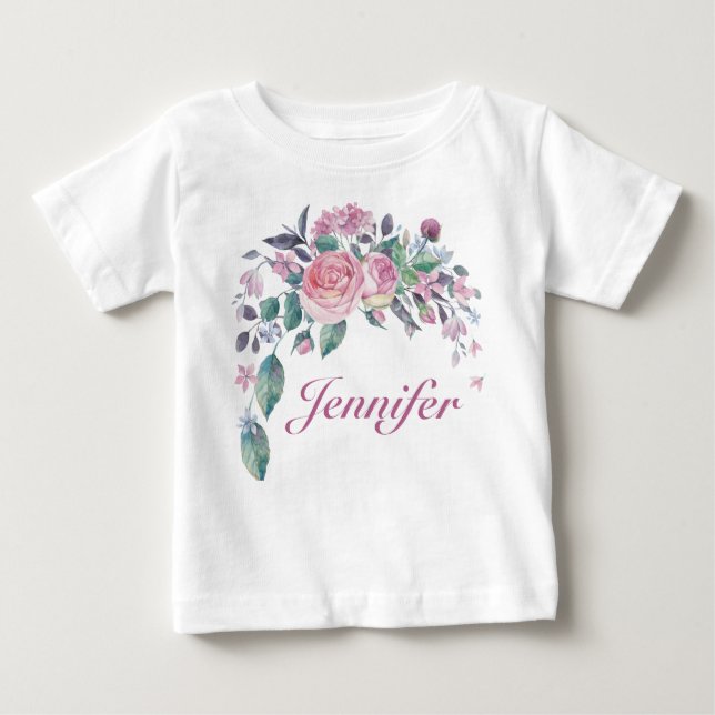 Söt Blommigt Personlig Namn Flicka T Shirt (Framsida)