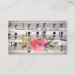 Söt Blommigt Piano Teacher Vintage Lakan of Music Visitkort