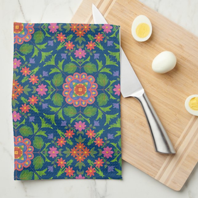 Söt Blommigt Rangoli, Deep Blue Kitchen Towel Kökshandduk (Vikt i Fjärdedel)