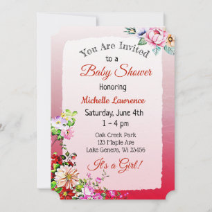 Söt Blommigt Red Girl's Baby Shower Inbjudningar