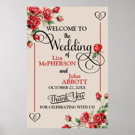 Söt Blommigt Röd ros Bröllop välkomstskylt Poster