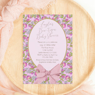 Söt Blommigt Rosa Bow Baby Shower Inbjudningar