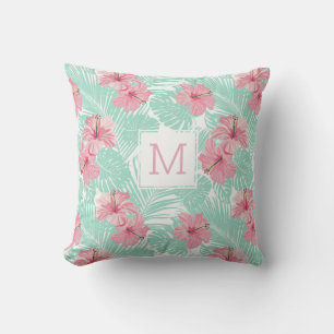 Söt Blommigt Rosa Hibicus Tropical Monogram Kudde