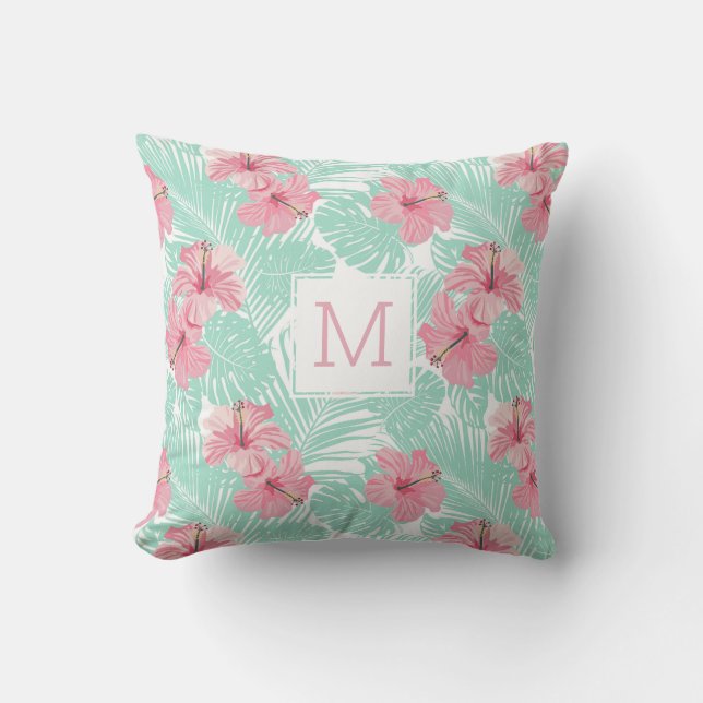 Söt Blommigt Rosa Hibicus Tropical Monogram Kudde (Framsida)