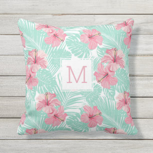 Söt Blommigt Rosa Hibicus Tropical Monogram Kudde