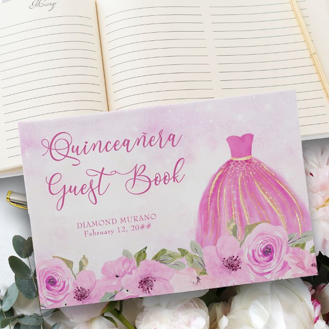 Söt Blommigt Rosa och Guld Princess Quinceanera Gästböcker (Quinceanera Guest Book from my Galaxy Floral Princess Quinceanera collection
)