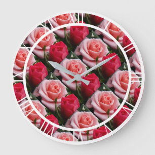 Söt Blommigt Rosa Röd ros Mönster Larme Wall Stor Klocka