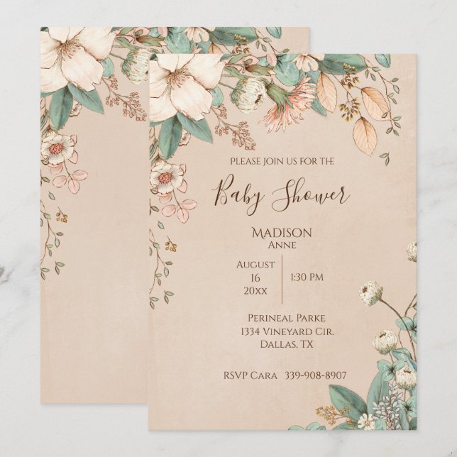 Söt Blommigt Script Elegant Kön Neutral Baby Inbjudningar (Fram/baksida)