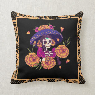 Söt Blommigt Skeleton Skull & Orange Snöre Gothic Kudde