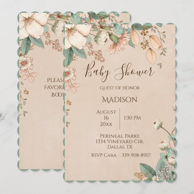 Söt Blommigt Skripttypografi Modern Baby Inbjudningar (Fram/baksida)