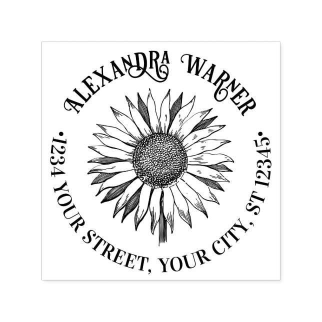 Söt Blommigt Solros #2A Namn Returadress Självfärgande Stämpel (Design)