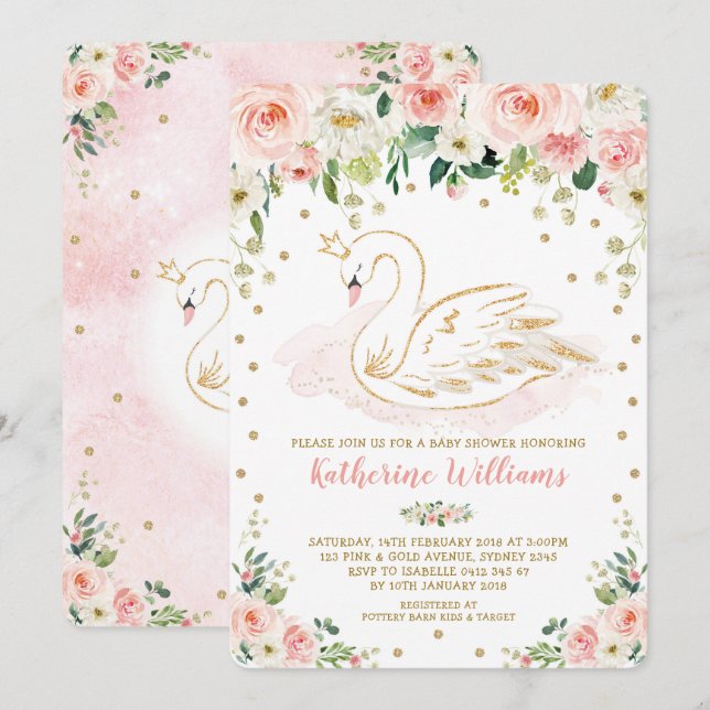 Söt  Blommigt Svan Princess Girl Baby Shower Inbjudningar (Fram/baksida)