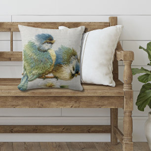 Söt blommigt teal mint grönt embroidery bird kudde