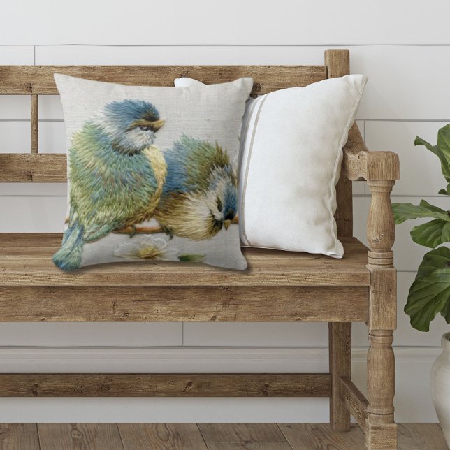 Söt blommigt teal mint grönt embroidery bird kudde (Skapare uppladdad)
