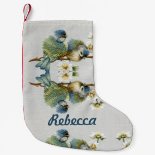 Söt blommigt teal mint grönt embroidery bird liten julstrumpa
