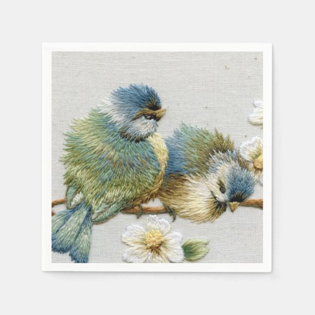Söt blommigt teal mint grönt embroidery bird pappersservett (Framsidan)