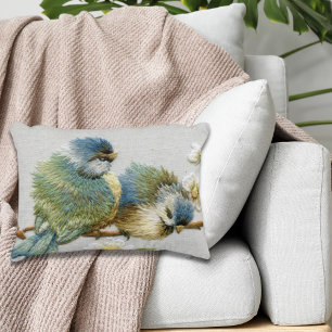 Söt blommigt teal mint grönt embroidery bird prydnadskudde