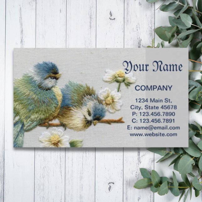 Söt blommigt teal mint grönt embroidery bird visitkort (cute floral teal mint green embroidery bird business card)