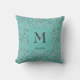 Söt | BLOMMIGT Teal | Personlig | MONOGRAM Kudde