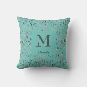 Söt   BLOMMIGT Teal   Personlig   MONOGRAM Kudde