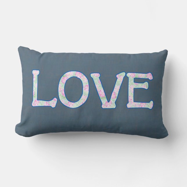 Söt Blommigt Text Kärlek på Denim Blue Background Lumbarkudde (Framsida)