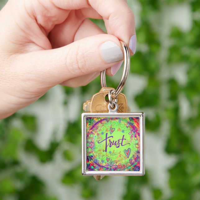 Söt Blommigt Trust Inspirief Keychain Fyrkantig Silverfärgad Nyckelring (Hand)